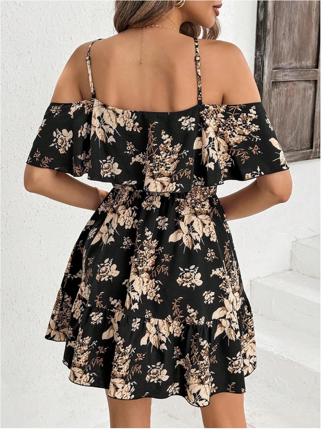 SOLY HUX Women’s Boho Floral Print Cold-Shoulder Dress Short-Sleeve Ruffle A-Line Mini Dress Elegant Vacation Wear