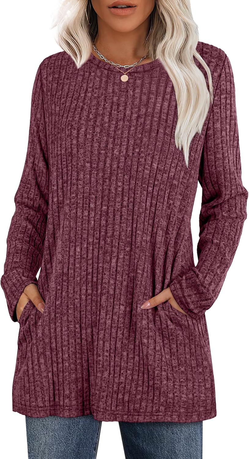 XIEERDUO Women’s Long-Sleeve Crewneck Tunic Tops Loose-Fit Sweaters with Pockets Fall Fashion 2025