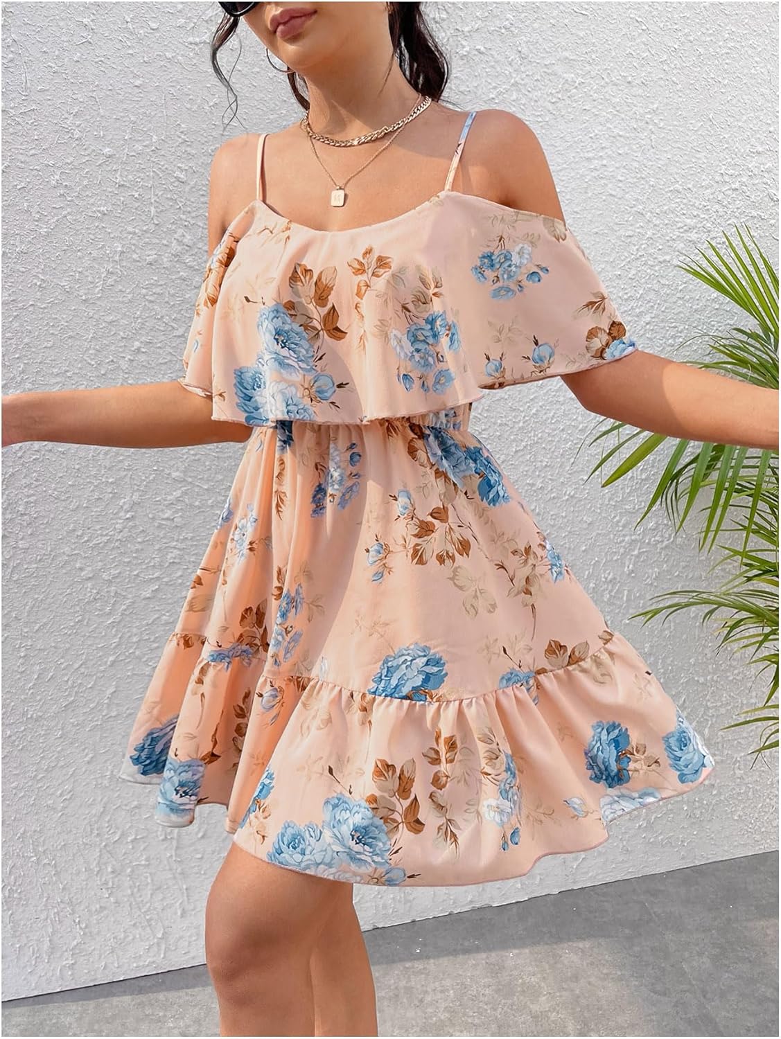 SOLY HUX Women’s Boho Floral Print Cold-Shoulder Dress Short-Sleeve Ruffle A-Line Mini Dress Elegant Vacation Wear