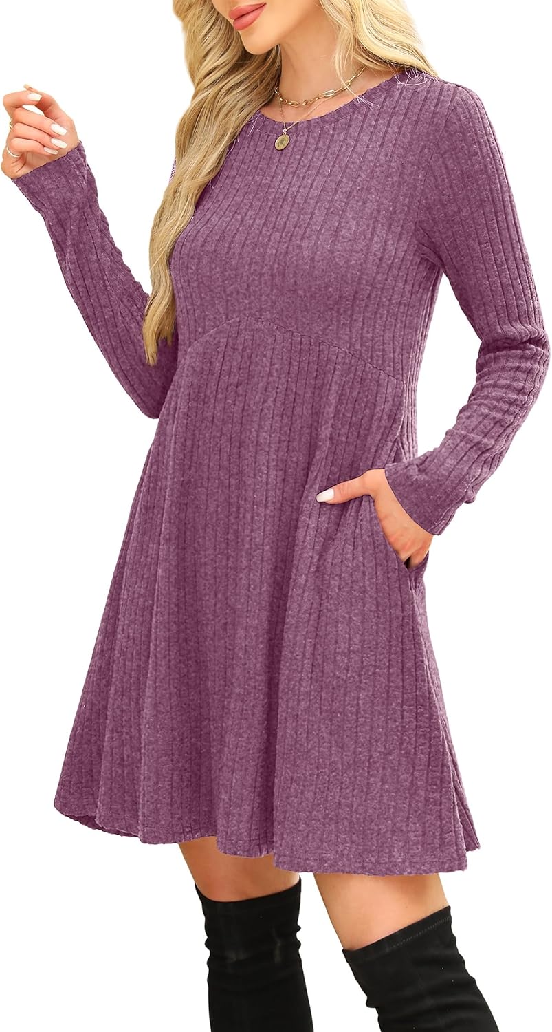 OFEEFAN Women’s Long-Sleeve Crew Neck Tunic Dress Empire Waist with Pockets