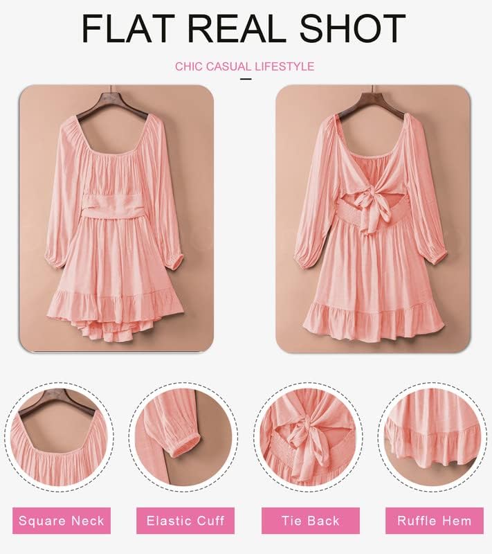 Dokotoo Women’s Long-Sleeve Lantern Dress Square Neck Tie-Back Ruffle A-Line Mini Dress with Elastic Waist, Sexy and Elegant