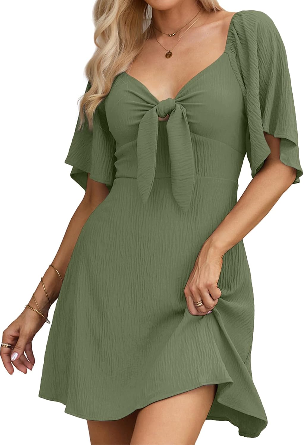 Dokotoo Women’s 2025 Summer & Fall Deep V-Neck Mini Dress with Elegant Bow Tie, Available in Sizes S–XL