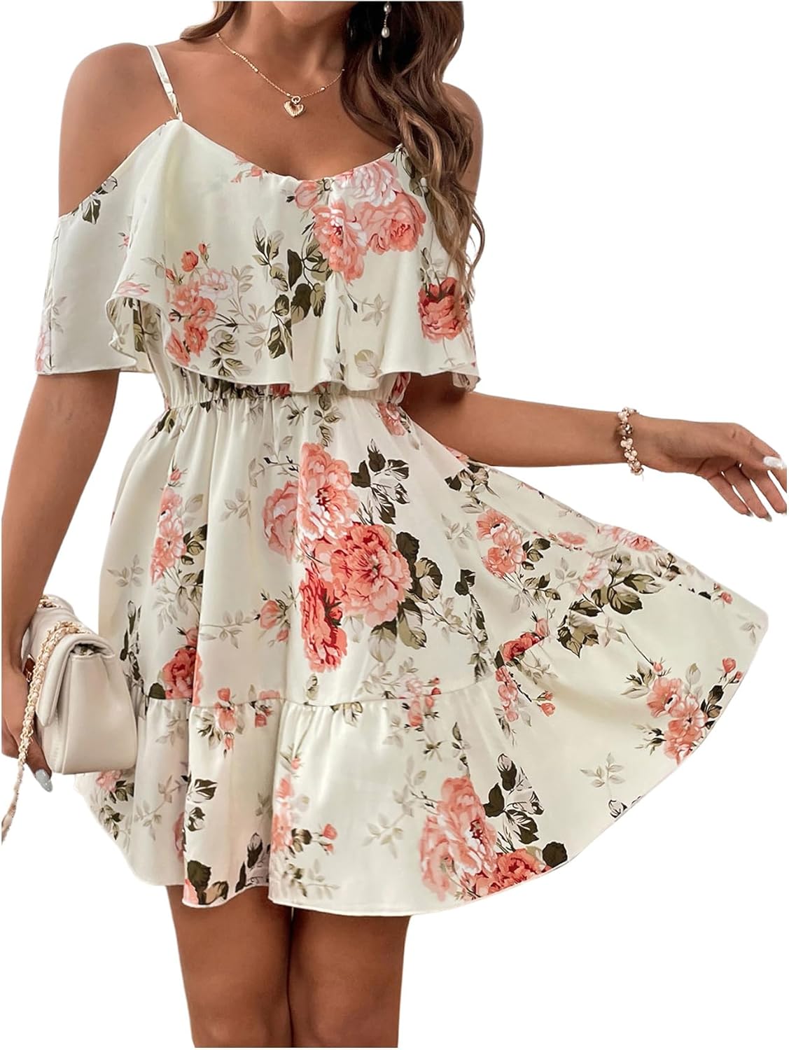 SOLY HUX Women’s Boho Floral Print Cold-Shoulder Dress Short-Sleeve Ruffle A-Line Mini Dress Elegant Vacation Wear