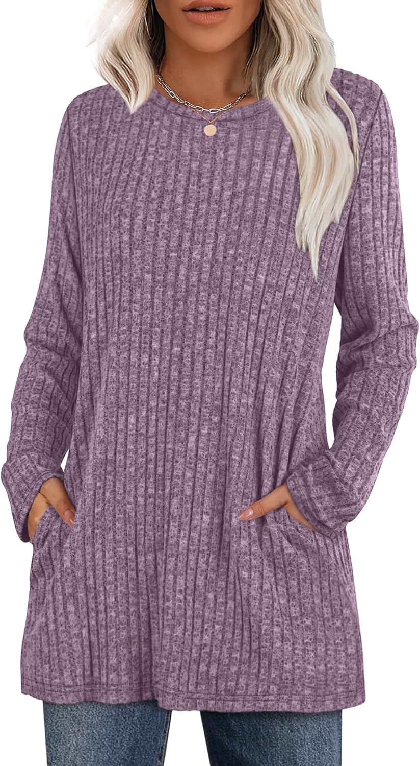 XIEERDUO Women’s Long-Sleeve Crewneck Tunic Tops Loose-Fit Sweaters with Pockets Fall Fashion 2025