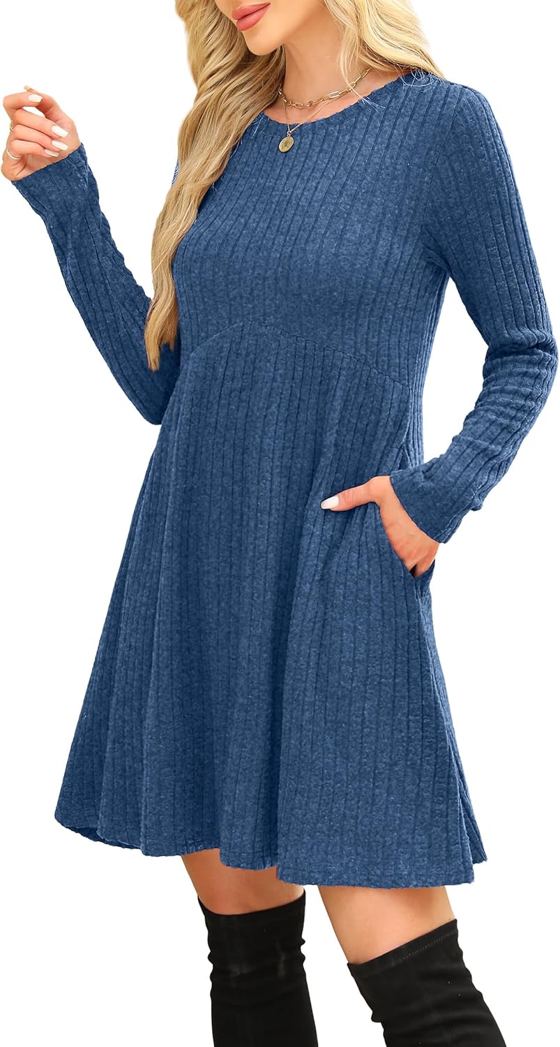 OFEEFAN Women’s Long-Sleeve Crew Neck Tunic Dress Empire Waist with Pockets