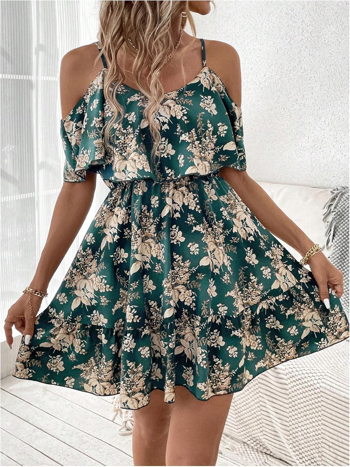 SOLY HUX Women’s Boho Floral Print Cold-Shoulder Dress Short-Sleeve Ruffle A-Line Mini Dress Elegant Vacation Wear