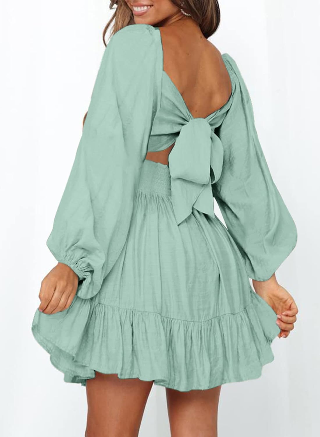 Dokotoo Women’s Long-Sleeve Lantern Dress Square Neck Tie-Back Ruffle A-Line Mini Dress with Elastic Waist, Sexy and Elegant