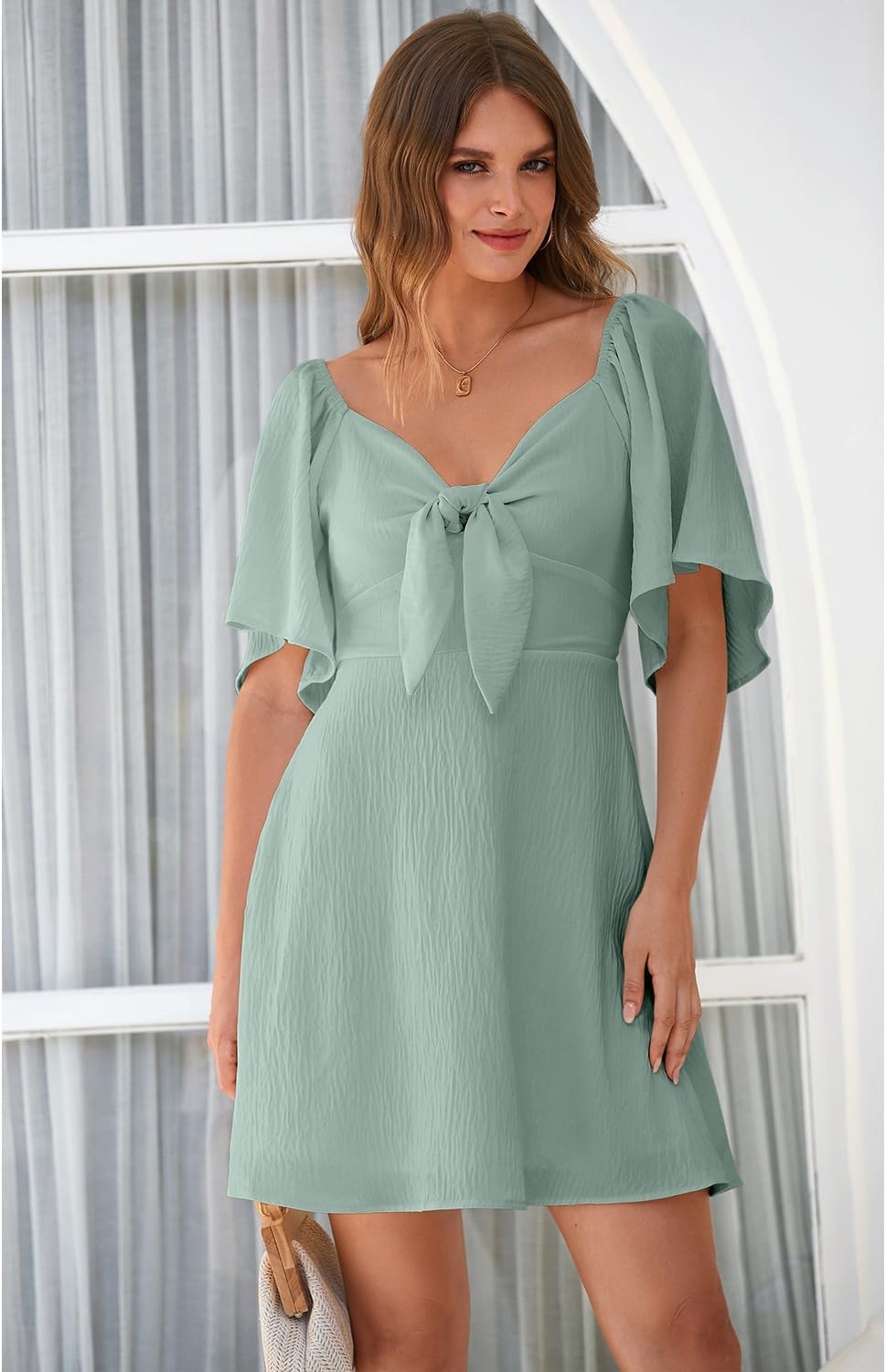 Dokotoo Women’s 2025 Summer & Fall Deep V-Neck Mini Dress with Elegant Bow Tie, Available in Sizes S–XL