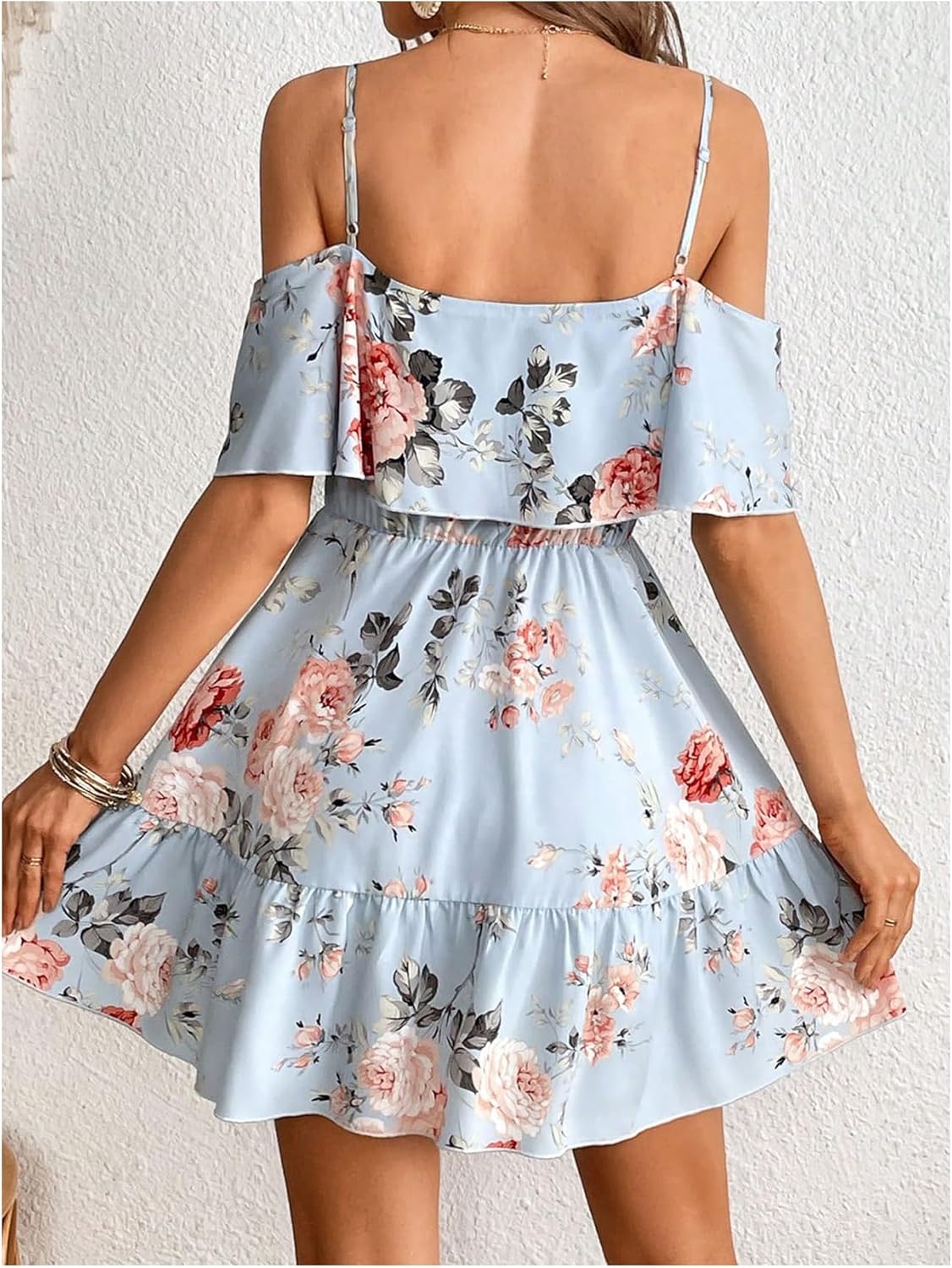SOLY HUX Women’s Boho Floral Print Cold-Shoulder Dress Short-Sleeve Ruffle A-Line Mini Dress Elegant Vacation Wear