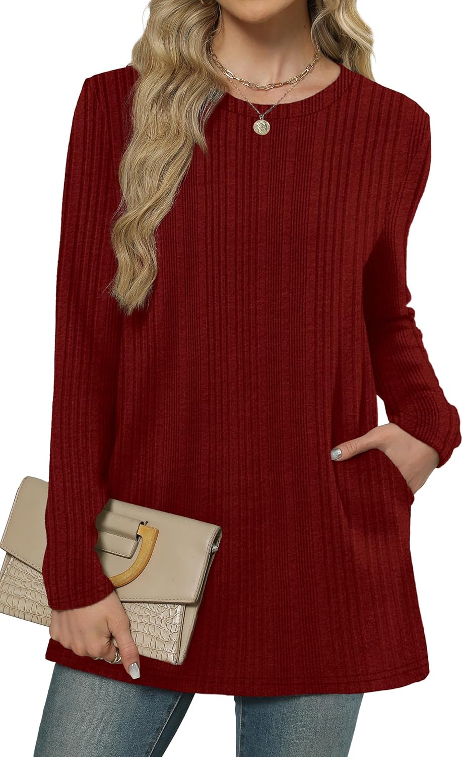 XIEERDUO Women’s Long-Sleeve Crewneck Tunic Tops Loose-Fit Sweaters with Pockets Fall Fashion 2025