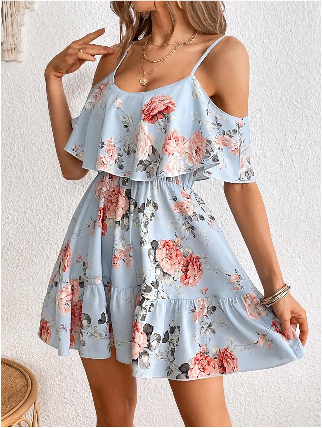 SOLY HUX Women’s Boho Floral Print Cold-Shoulder Dress Short-Sleeve Ruffle A-Line Mini Dress Elegant Vacation Wear