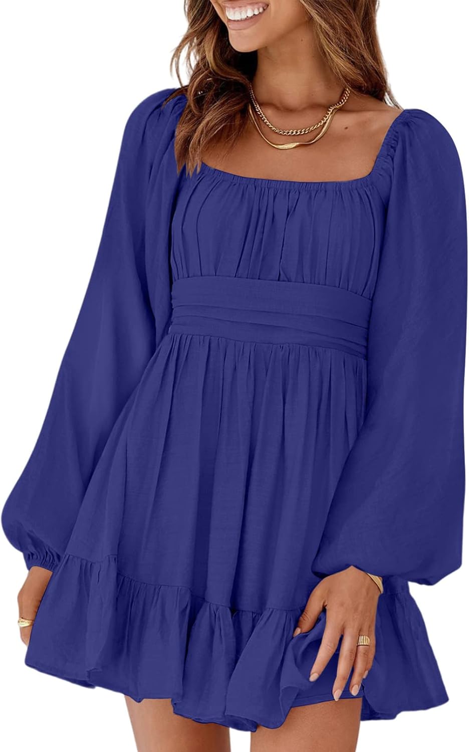 Dokotoo Women’s Long-Sleeve Lantern Dress Square Neck Tie-Back Ruffle A-Line Mini Dress with Elastic Waist, Sexy and Elegant