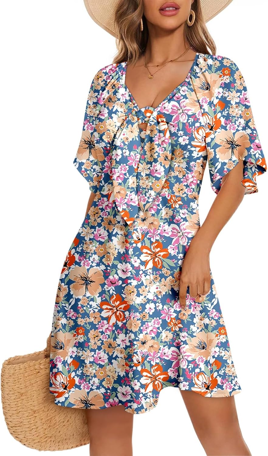 Dokotoo Women’s 2025 Summer & Fall Deep V-Neck Mini Dress with Elegant Bow Tie, Available in Sizes S–XL