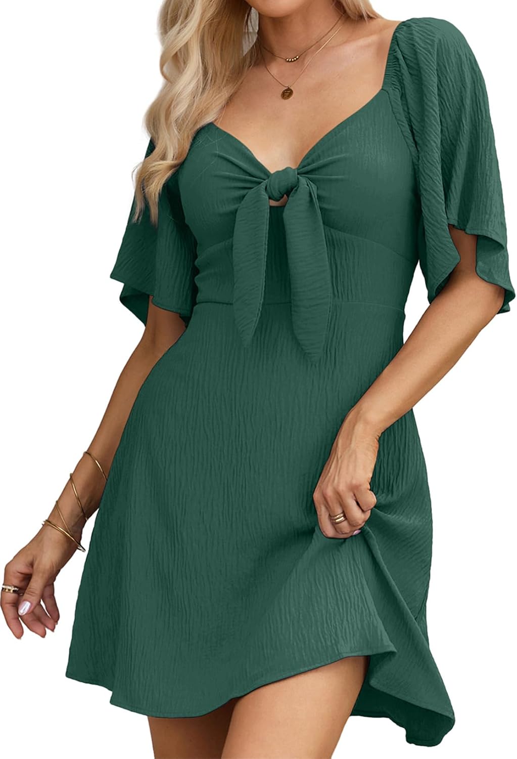 Dokotoo Women’s 2025 Summer & Fall Deep V-Neck Mini Dress with Elegant Bow Tie, Available in Sizes S–XL