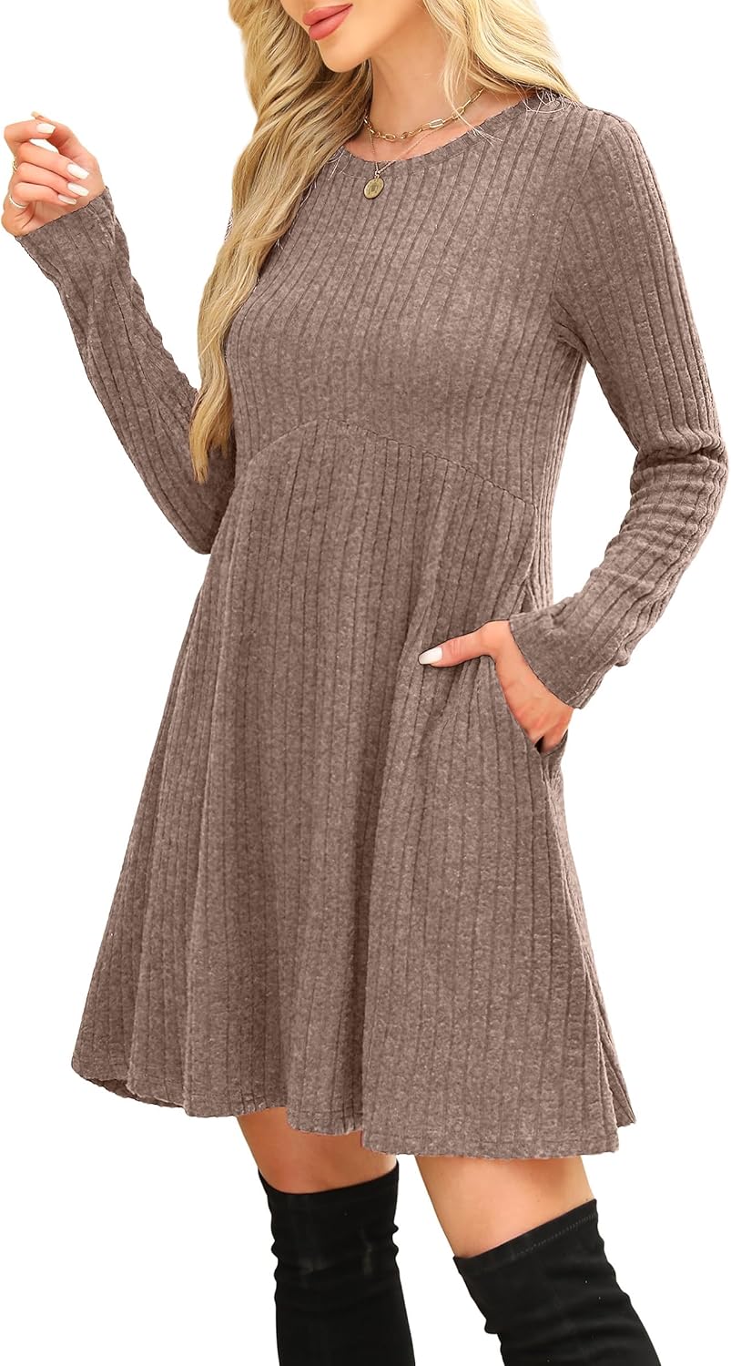 OFEEFAN Women’s Long-Sleeve Crew Neck Tunic Dress Empire Waist with Pockets