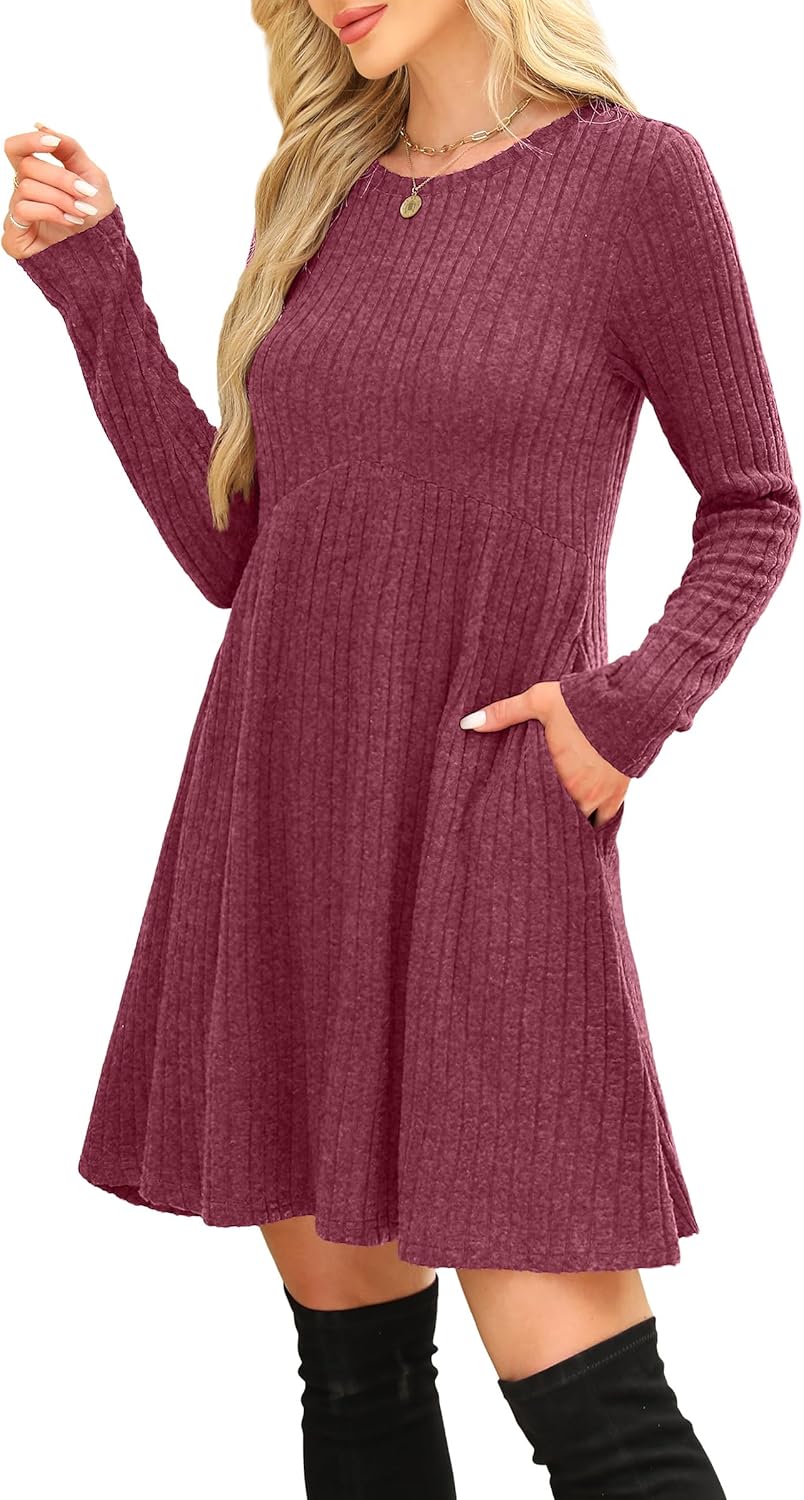 OFEEFAN Women’s Long-Sleeve Crew Neck Tunic Dress Empire Waist with Pockets