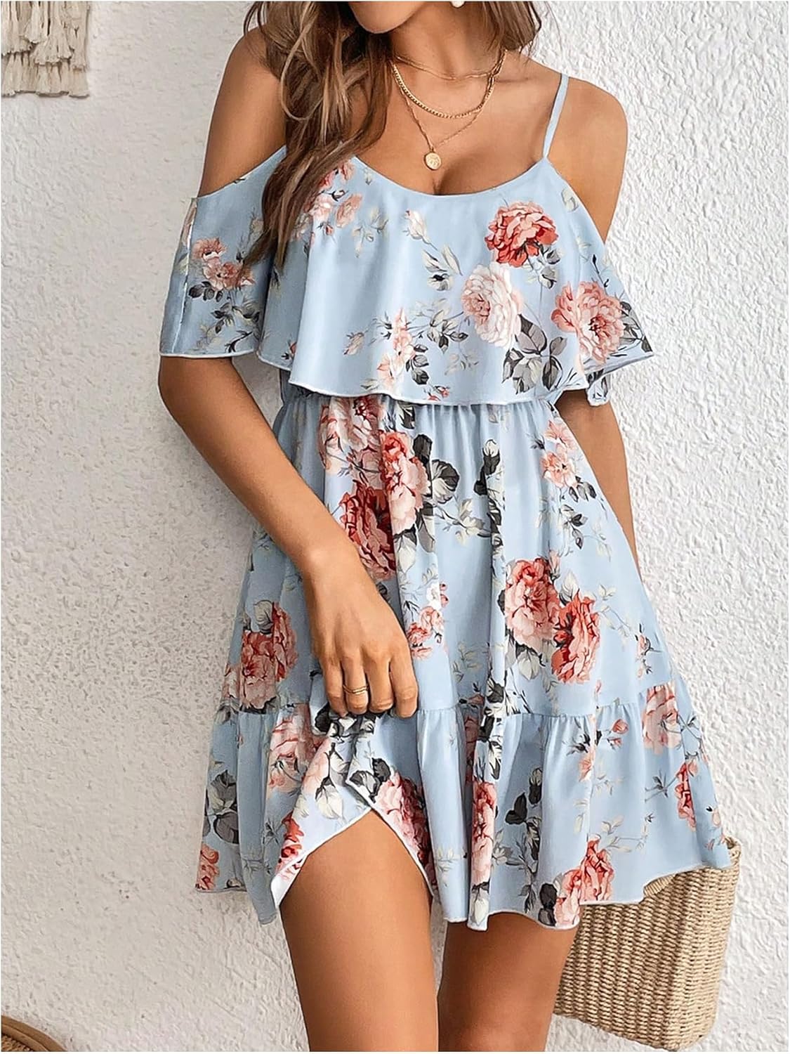 SOLY HUX Women’s Boho Floral Print Cold-Shoulder Dress Short-Sleeve Ruffle A-Line Mini Dress Elegant Vacation Wear