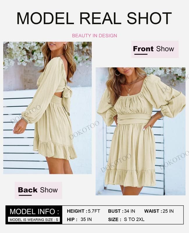 Dokotoo Women’s Long-Sleeve Lantern Dress Square Neck Tie-Back Ruffle A-Line Mini Dress with Elastic Waist, Sexy and Elegant