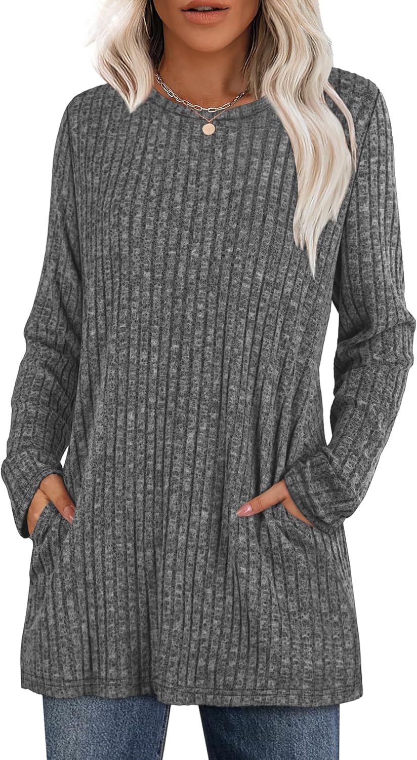 XIEERDUO Women’s Long-Sleeve Crewneck Tunic Tops Loose-Fit Sweaters with Pockets Fall Fashion 2025