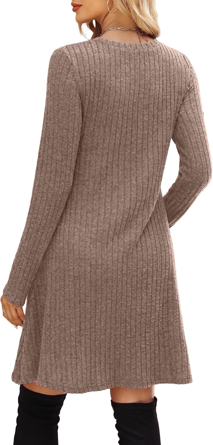 OFEEFAN Women’s Long-Sleeve Crew Neck Tunic Dress Empire Waist with Pockets