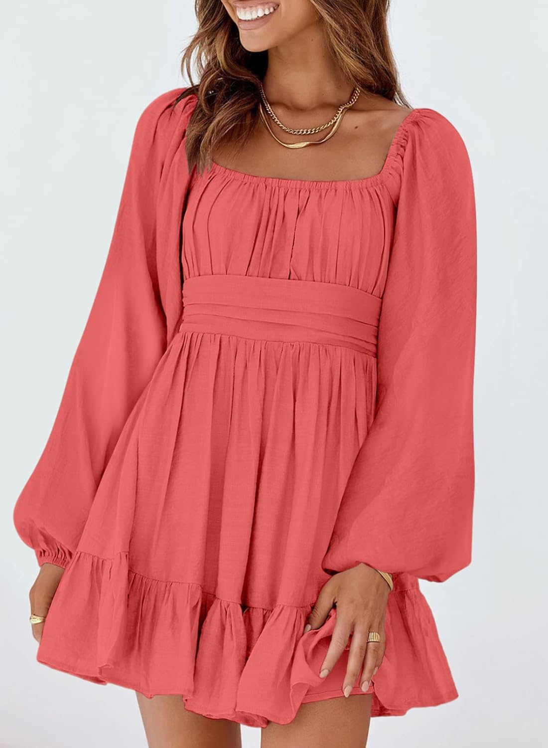 Dokotoo Women’s Long-Sleeve Lantern Dress Square Neck Tie-Back Ruffle A-Line Mini Dress with Elastic Waist, Sexy and Elegant