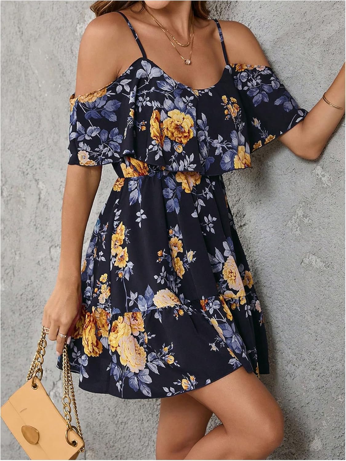 SOLY HUX Women’s Boho Floral Print Cold-Shoulder Dress Short-Sleeve Ruffle A-Line Mini Dress Elegant Vacation Wear
