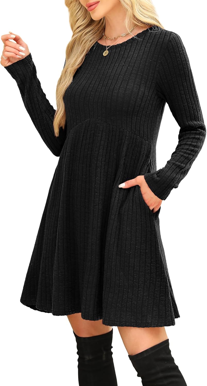 OFEEFAN Women’s Long-Sleeve Crew Neck Tunic Dress Empire Waist with Pockets