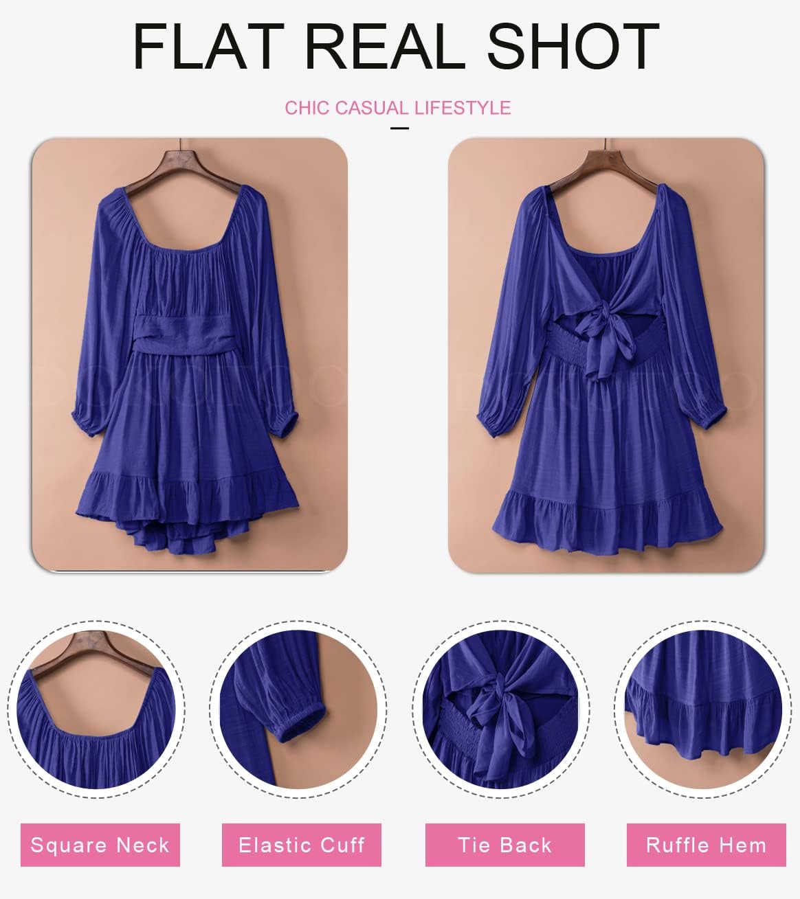 Dokotoo Women’s Long-Sleeve Lantern Dress Square Neck Tie-Back Ruffle A-Line Mini Dress with Elastic Waist, Sexy and Elegant