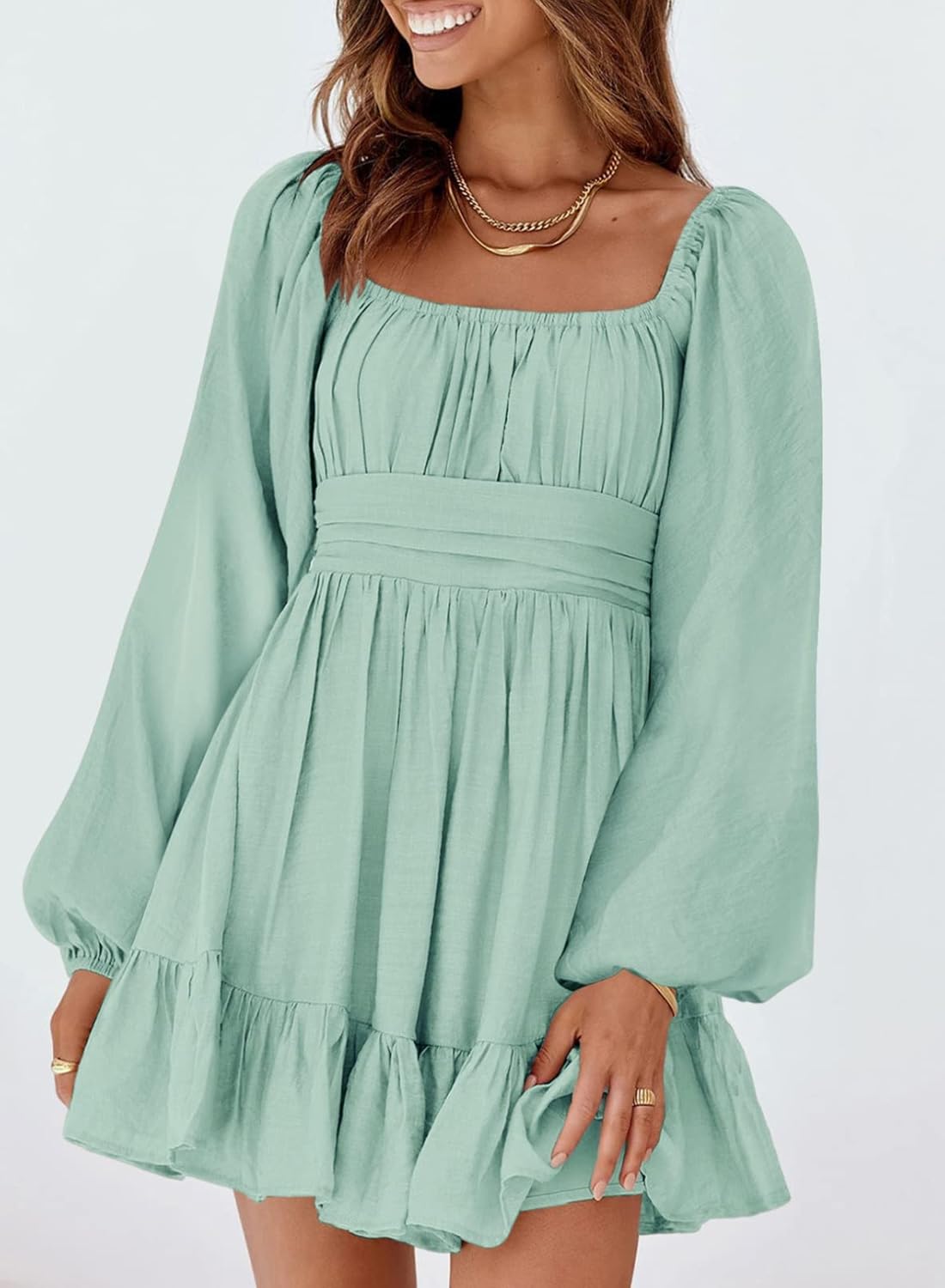 Dokotoo Women’s Long-Sleeve Lantern Dress Square Neck Tie-Back Ruffle A-Line Mini Dress with Elastic Waist, Sexy and Elegant