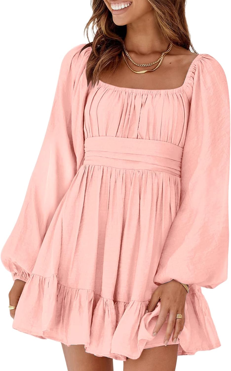 Dokotoo Women’s Long-Sleeve Lantern Dress Square Neck Tie-Back Ruffle A-Line Mini Dress with Elastic Waist, Sexy and Elegant