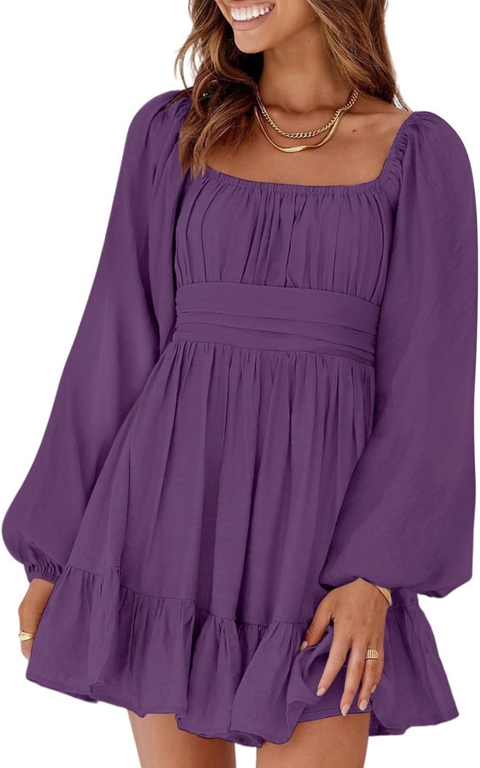 Dokotoo Women’s Long-Sleeve Lantern Dress Square Neck Tie-Back Ruffle A-Line Mini Dress with Elastic Waist, Sexy and Elegant