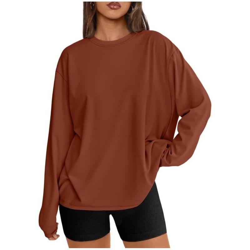 Trendy Queen Women’s Oversized Long Sleeve Tee 2025 – Basic Crewneck Top for Fall, Casual Y2K Style and Workout Wear