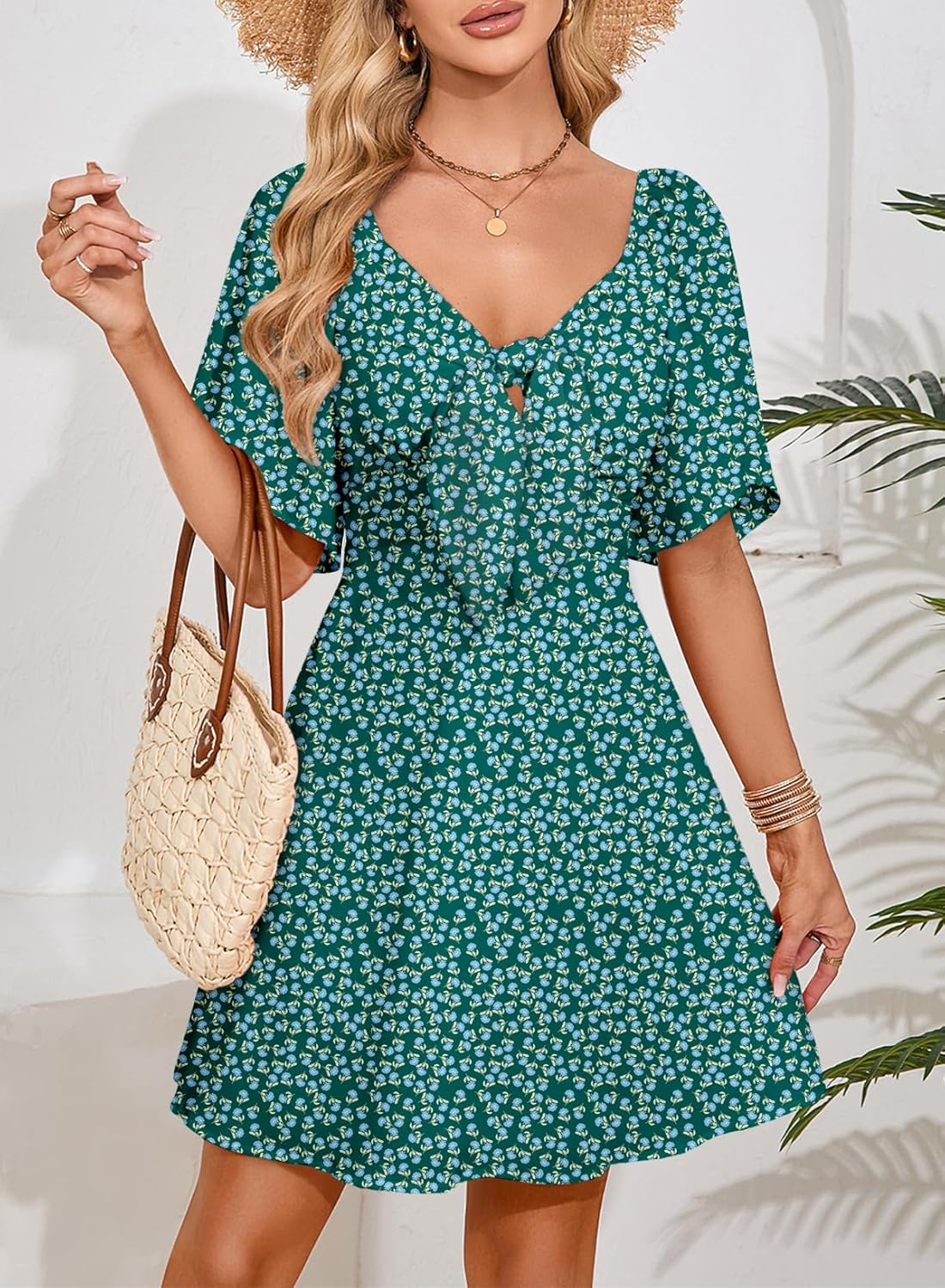 Dokotoo Women’s 2025 Summer & Fall Deep V-Neck Mini Dress with Elegant Bow Tie, Available in Sizes S–XL