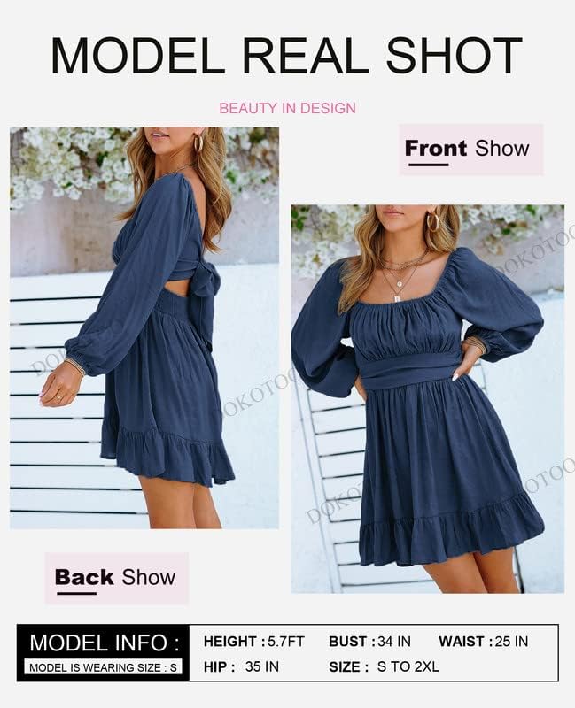 Dokotoo Women’s Long-Sleeve Lantern Dress Square Neck Tie-Back Ruffle A-Line Mini Dress with Elastic Waist, Sexy and Elegant