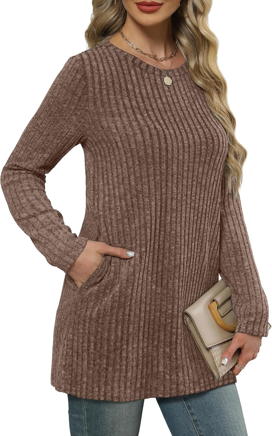 XIEERDUO Women’s Long-Sleeve Crewneck Tunic Tops Loose-Fit Sweaters with Pockets Fall Fashion 2025
