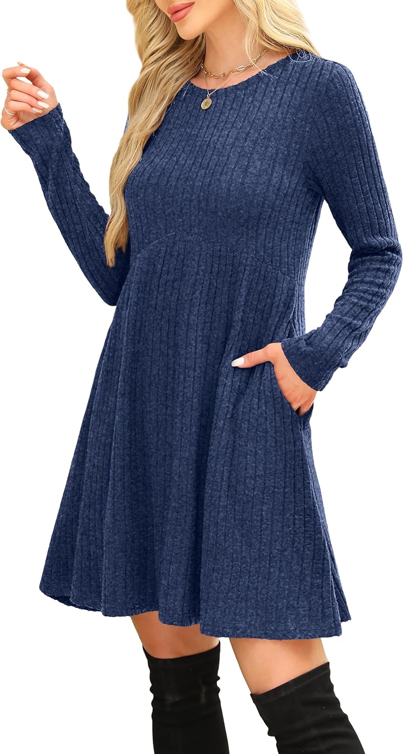 OFEEFAN Women’s Long-Sleeve Crew Neck Tunic Dress Empire Waist with Pockets