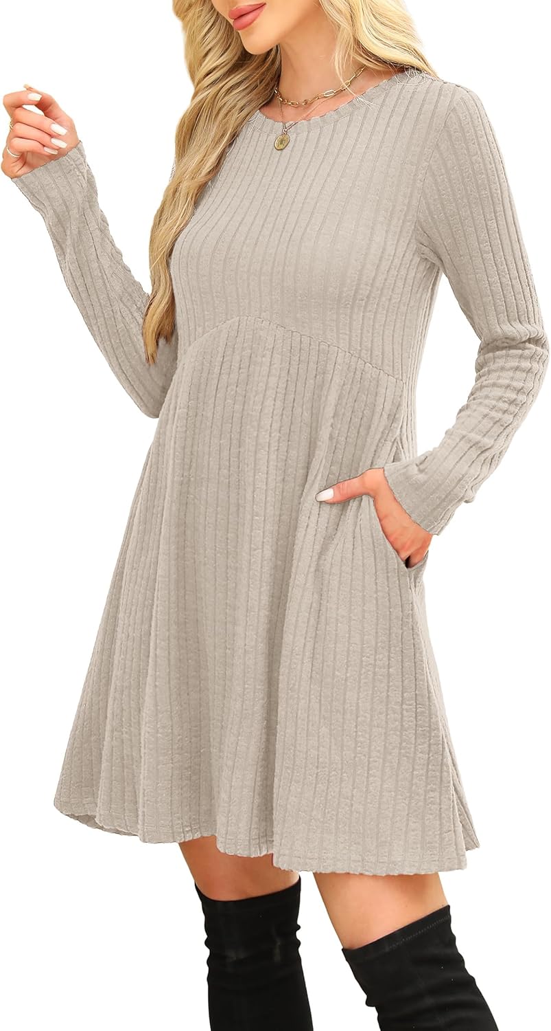 OFEEFAN Women’s Long-Sleeve Crew Neck Tunic Dress Empire Waist with Pockets