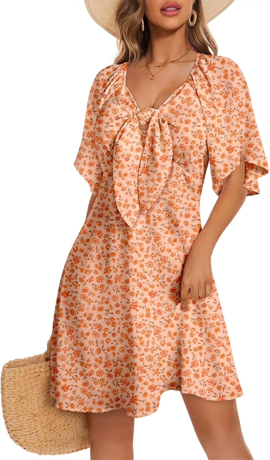 Dokotoo Women’s 2025 Summer & Fall Deep V-Neck Mini Dress with Elegant Bow Tie, Available in Sizes S–XL