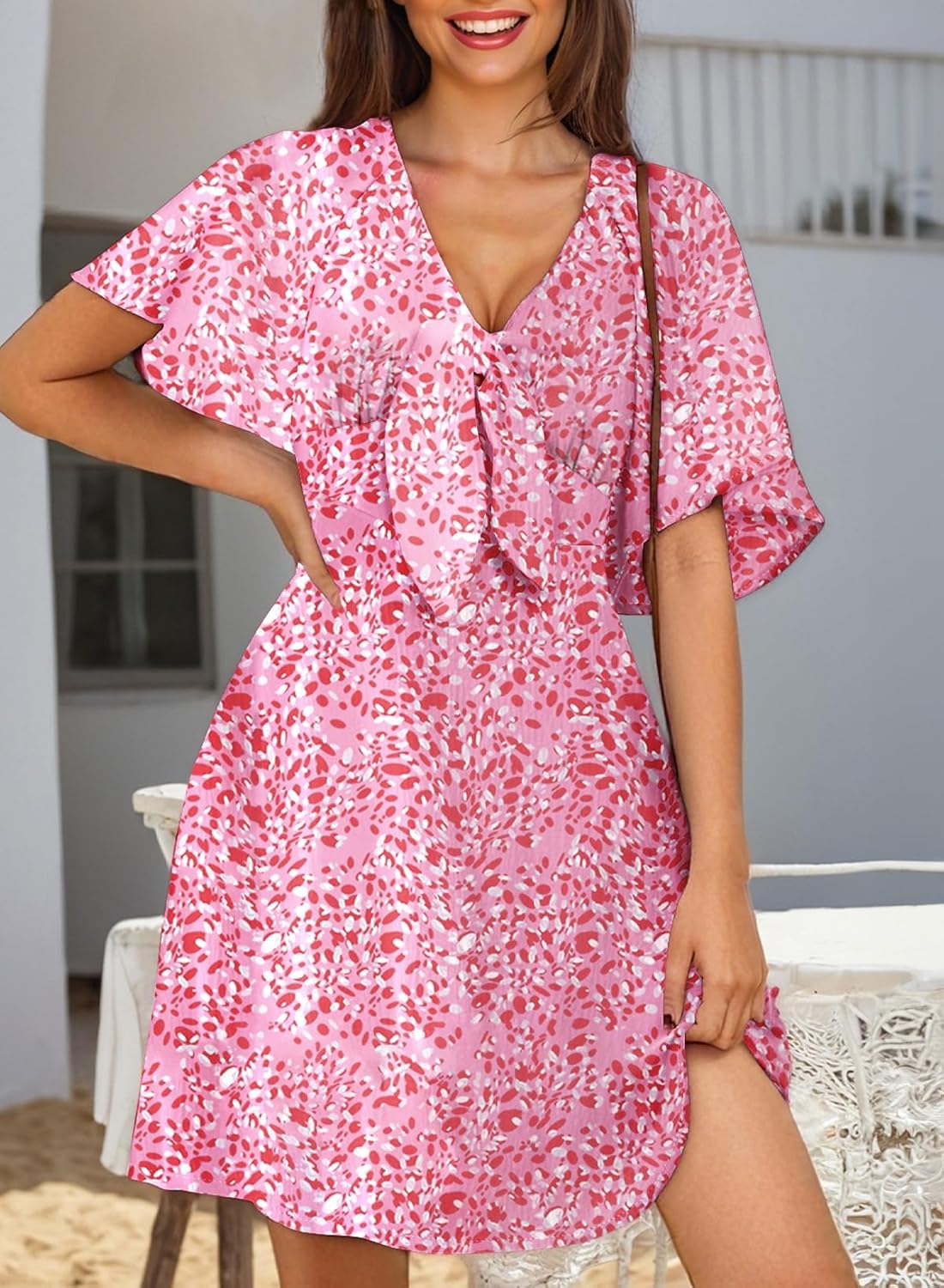 Dokotoo Women’s 2025 Summer & Fall Deep V-Neck Mini Dress with Elegant Bow Tie, Available in Sizes S–XL