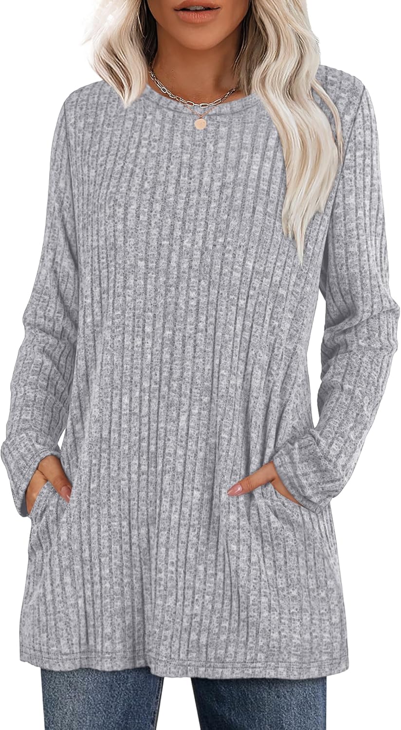 XIEERDUO Women’s Long-Sleeve Crewneck Tunic Tops Loose-Fit Sweaters with Pockets Fall Fashion 2025
