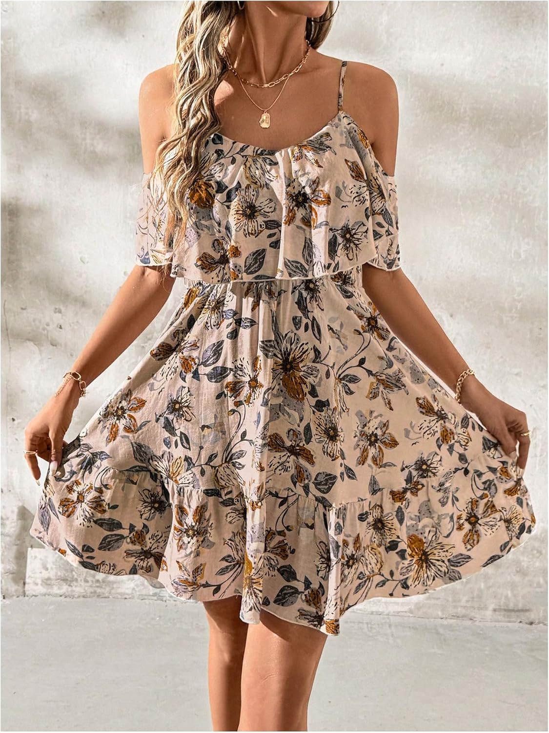 SOLY HUX Women’s Boho Floral Print Cold-Shoulder Dress Short-Sleeve Ruffle A-Line Mini Dress Elegant Vacation Wear
