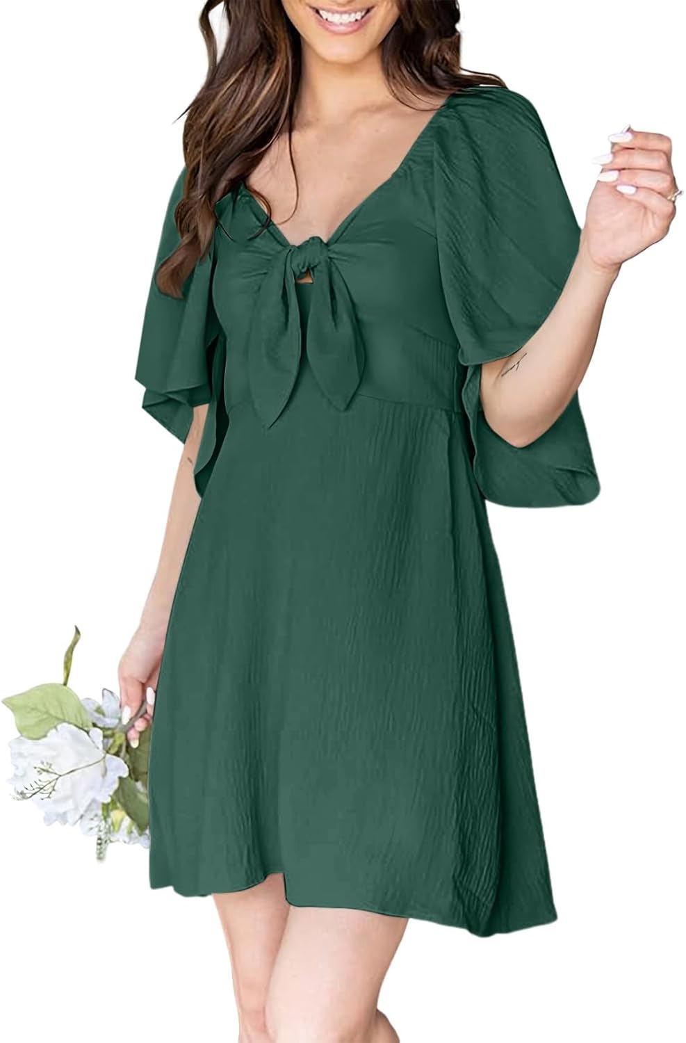 Dokotoo Women’s 2025 Summer & Fall Deep V-Neck Mini Dress with Elegant Bow Tie, Available in Sizes S–XL