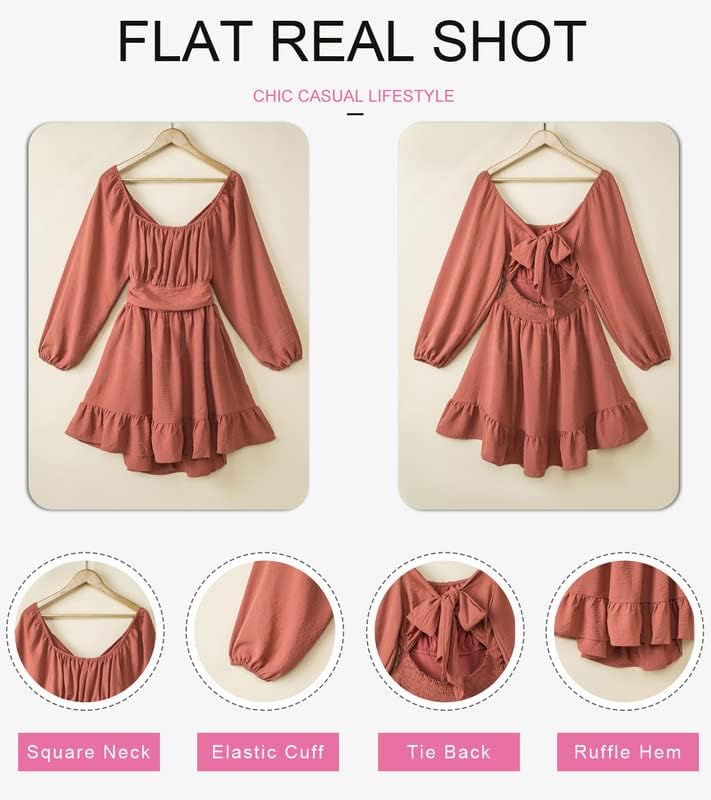 Dokotoo Women’s Long-Sleeve Lantern Dress Square Neck Tie-Back Ruffle A-Line Mini Dress with Elastic Waist, Sexy and Elegant