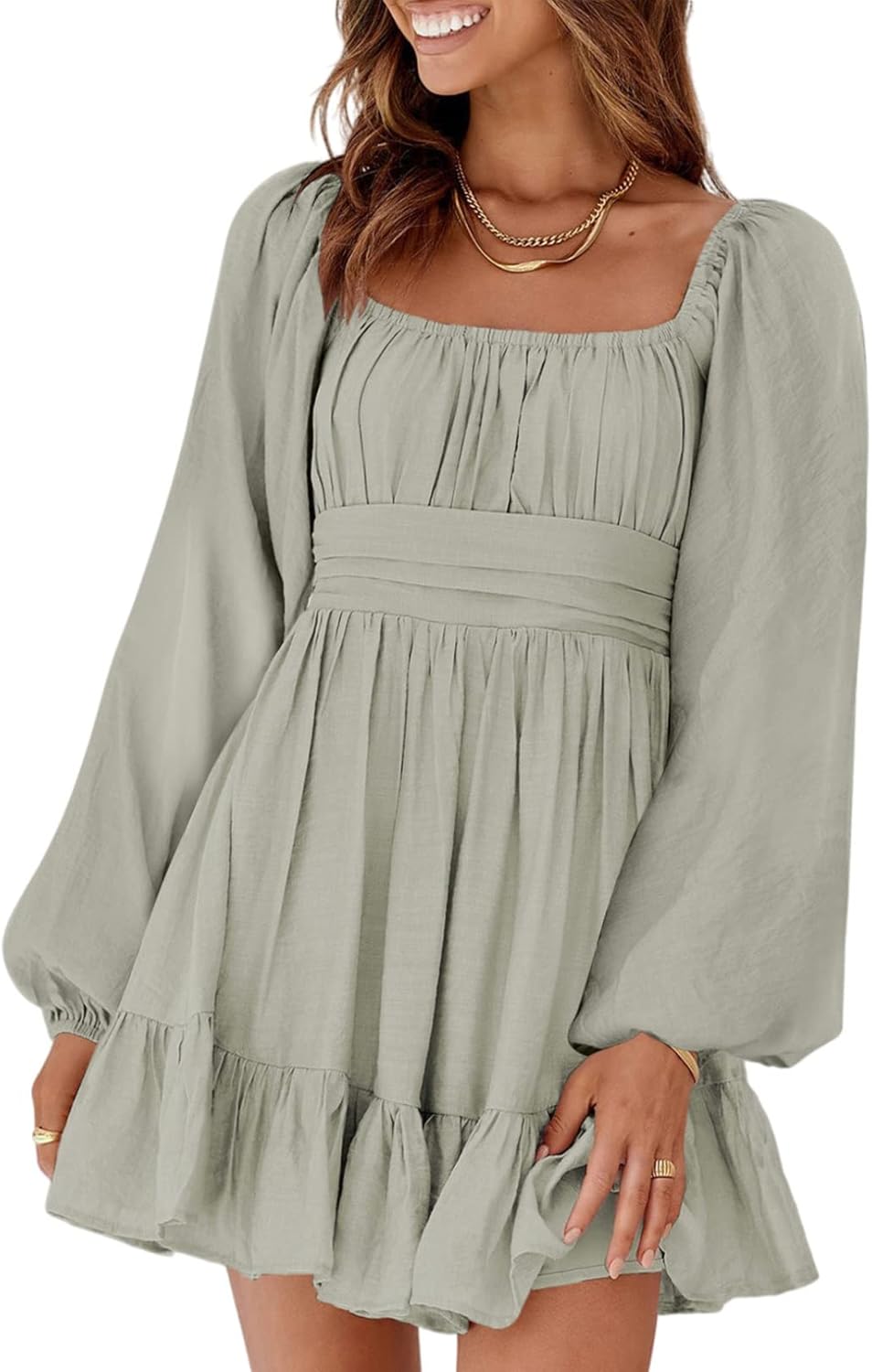 Dokotoo Women’s Long-Sleeve Lantern Dress Square Neck Tie-Back Ruffle A-Line Mini Dress with Elastic Waist, Sexy and Elegant