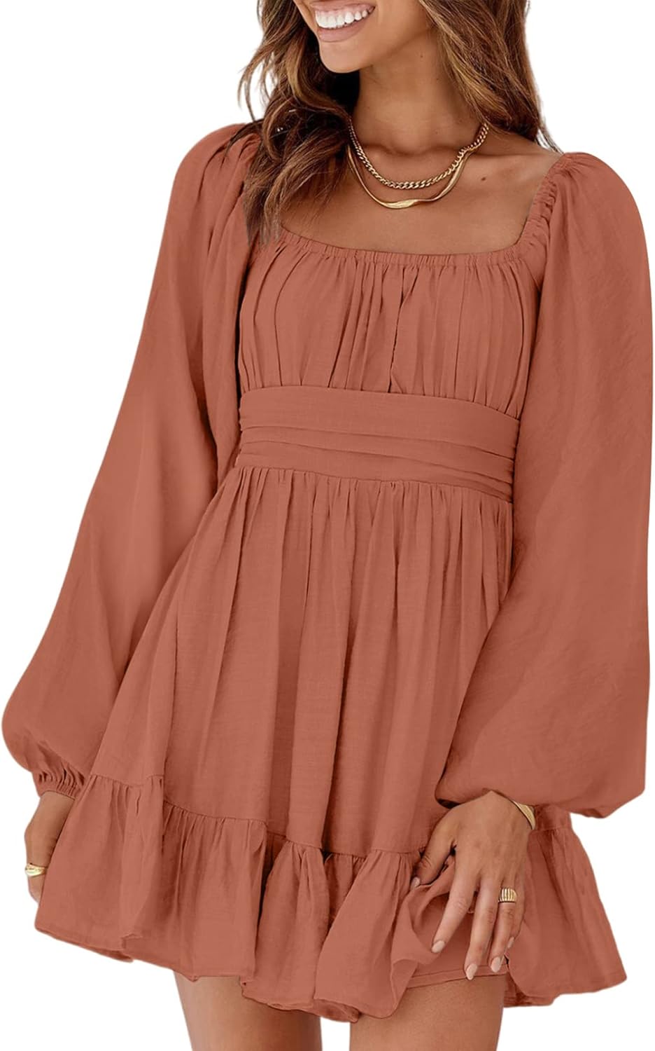 Dokotoo Women’s Long-Sleeve Lantern Dress Square Neck Tie-Back Ruffle A-Line Mini Dress with Elastic Waist, Sexy and Elegant