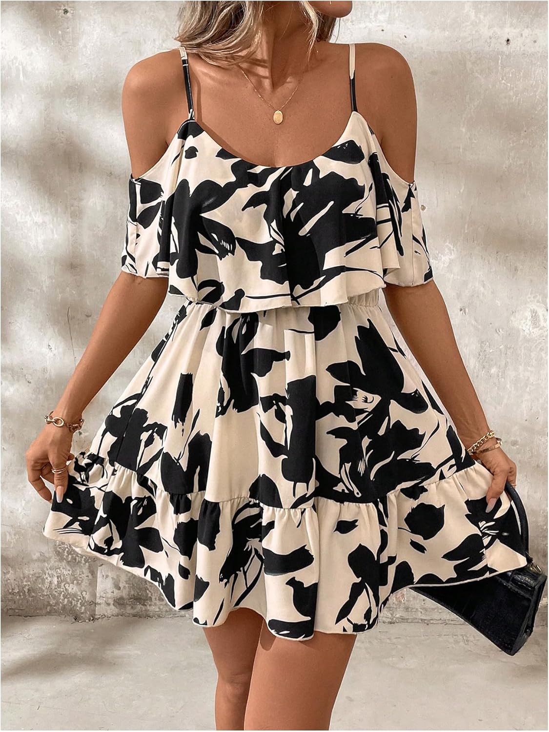 SOLY HUX Women’s Boho Floral Print Cold-Shoulder Dress Short-Sleeve Ruffle A-Line Mini Dress Elegant Vacation Wear