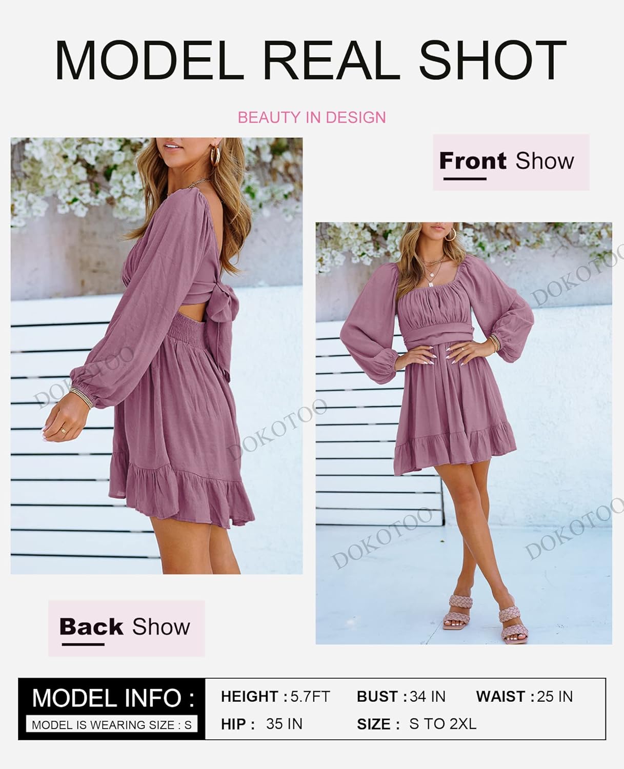 Dokotoo Women’s Long-Sleeve Lantern Dress Square Neck Tie-Back Ruffle A-Line Mini Dress with Elastic Waist, Sexy and Elegant