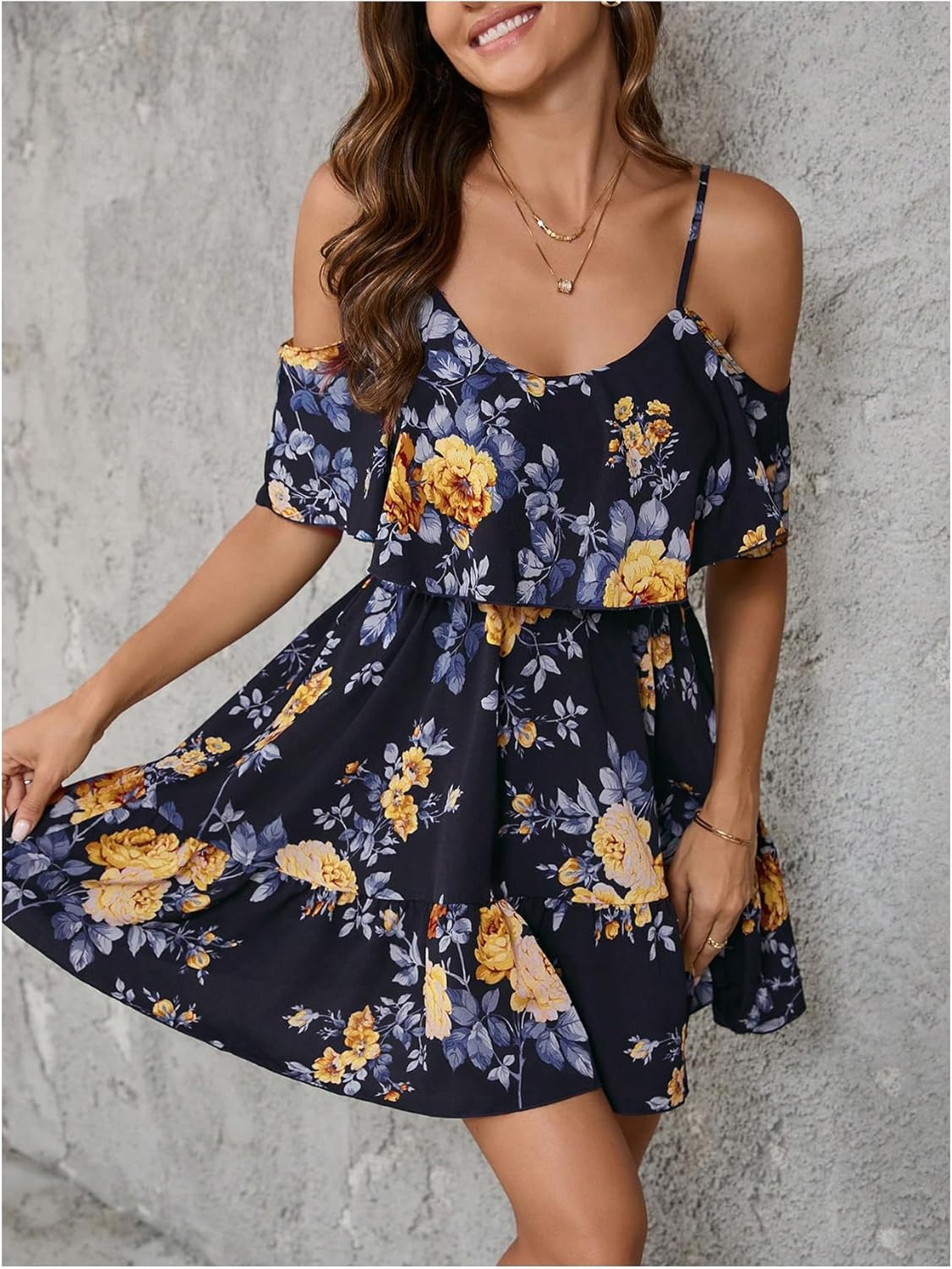 SOLY HUX Women’s Boho Floral Print Cold-Shoulder Dress Short-Sleeve Ruffle A-Line Mini Dress Elegant Vacation Wear