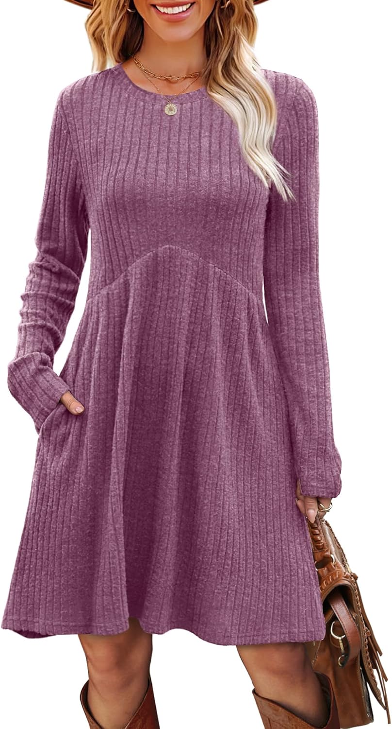 OFEEFAN Women’s Long-Sleeve Crew Neck Tunic Dress Empire Waist with Pockets