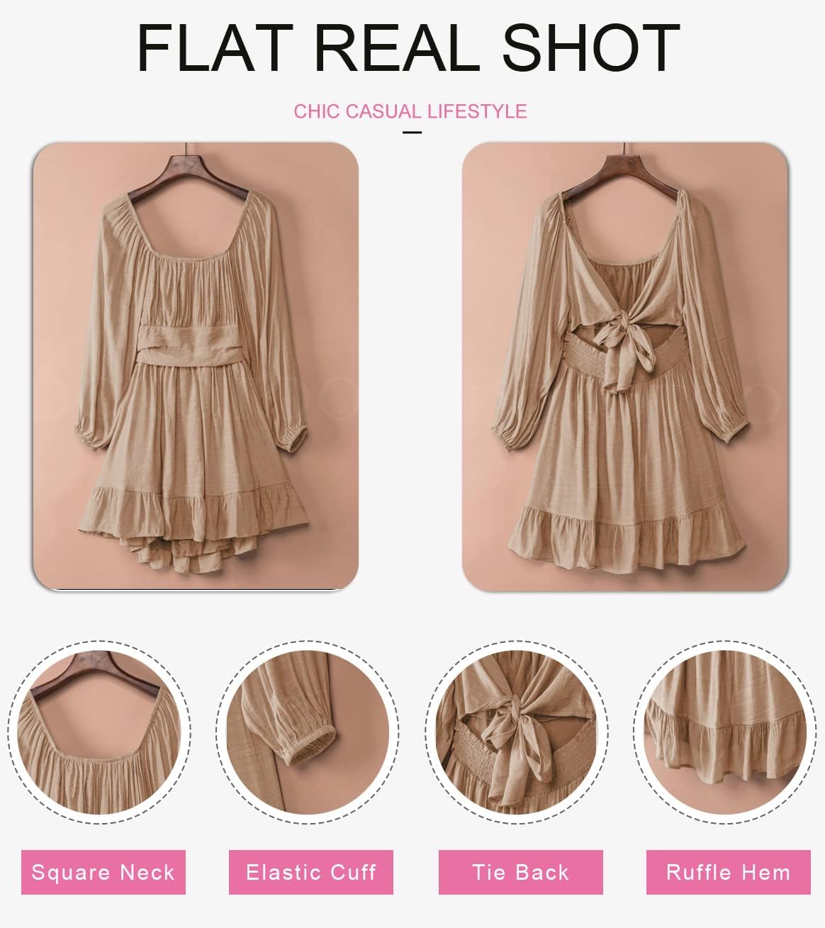 Dokotoo Women’s Long-Sleeve Lantern Dress Square Neck Tie-Back Ruffle A-Line Mini Dress with Elastic Waist, Sexy and Elegant